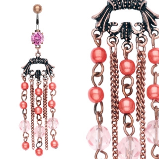 Piercing do pupku s ružovými perličkami a kamienkami
