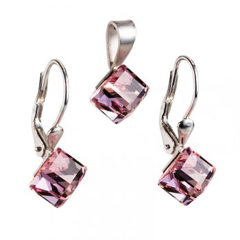 Strieborný set náušníc a prívesku s kryštálmi Crystals from Swarovski ®, kocky Rose