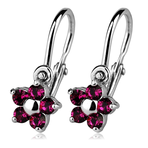 Detské náušnice strieborné - kvetinky, Crystals from SWAROVSKI®, farba: Fuchsia