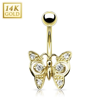 Zlatý piercing do pupku - motýľ, Au 585/1000