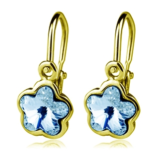 Zlaté detské náušnice s kvietkami Crystals from SWAROVSKI®, farba: Aquamarine
