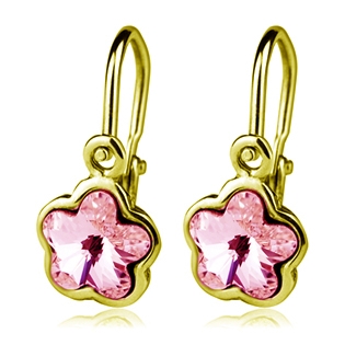 Zlaté detské náušnice s kvietkami Crystals from SWAROVSKI®, farba: Light Rose