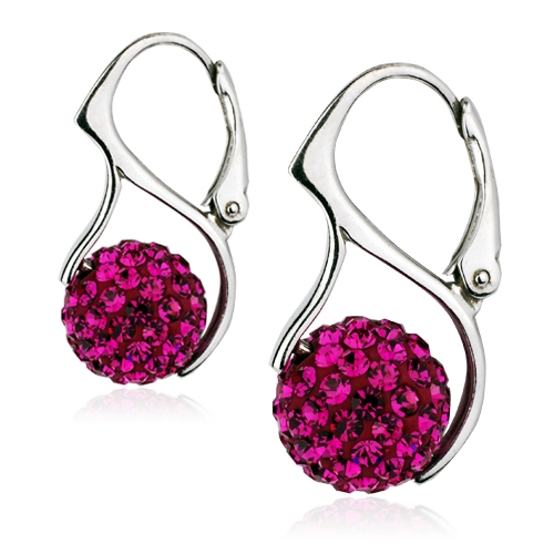 Strieborné náušnice guličky s kryštálmi Crystals from Swarovski ®, Fuchsia