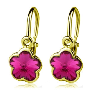 Zlaté detské náušnice s kvietkami Crystals from SWAROVSKI®, farba: Fuchsia