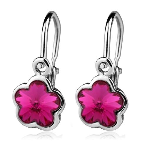 Zlaté detské náušnice s kvietkami Crystals from SWAROVSKI®, farba: Fuchsia