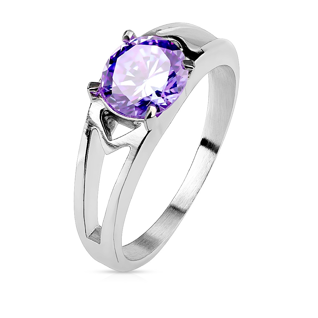Oceľový prsteň s fialovým zirkónom, veľ. 52
