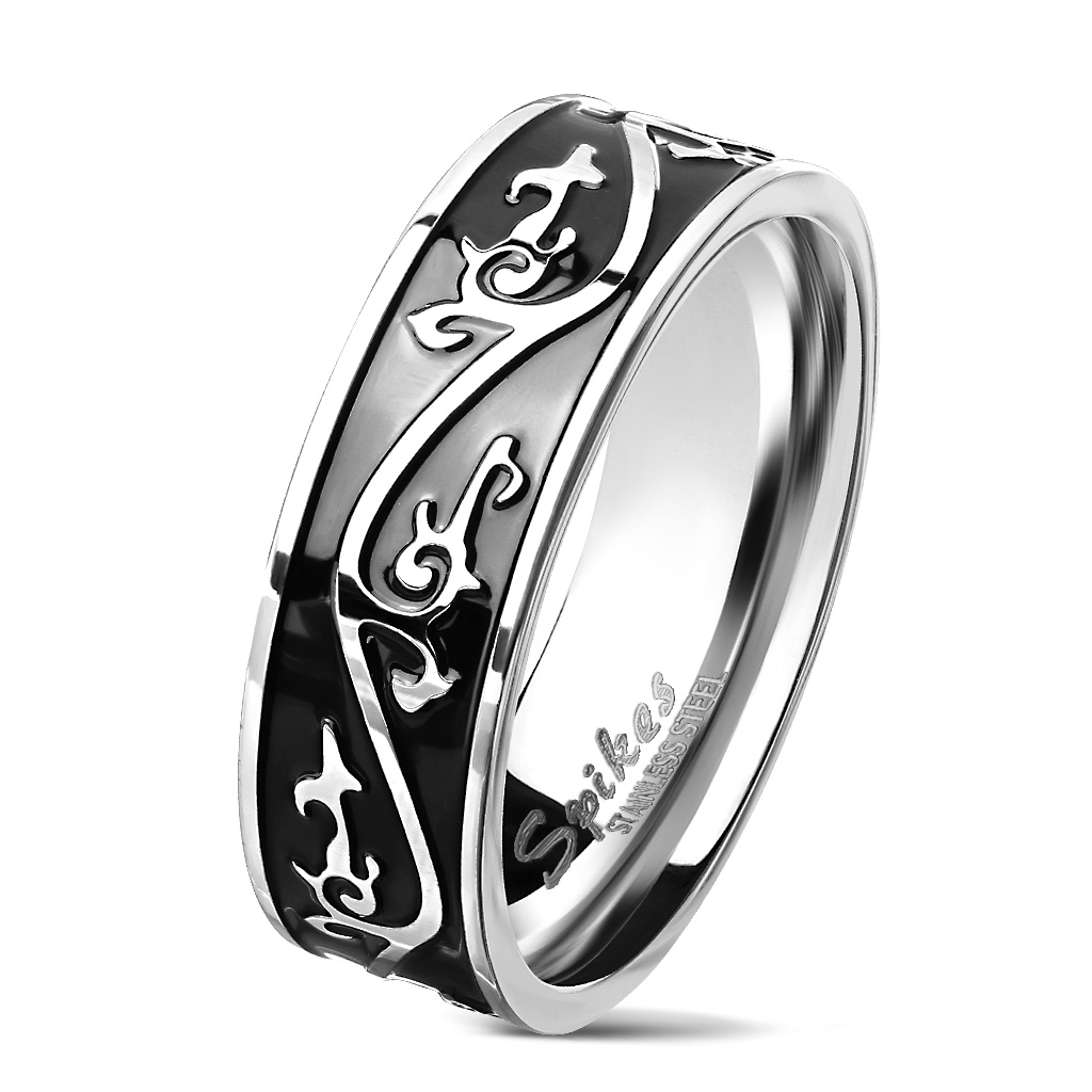 Pánsky čierny oceľový prsteň s ornamentami, veľ. 62