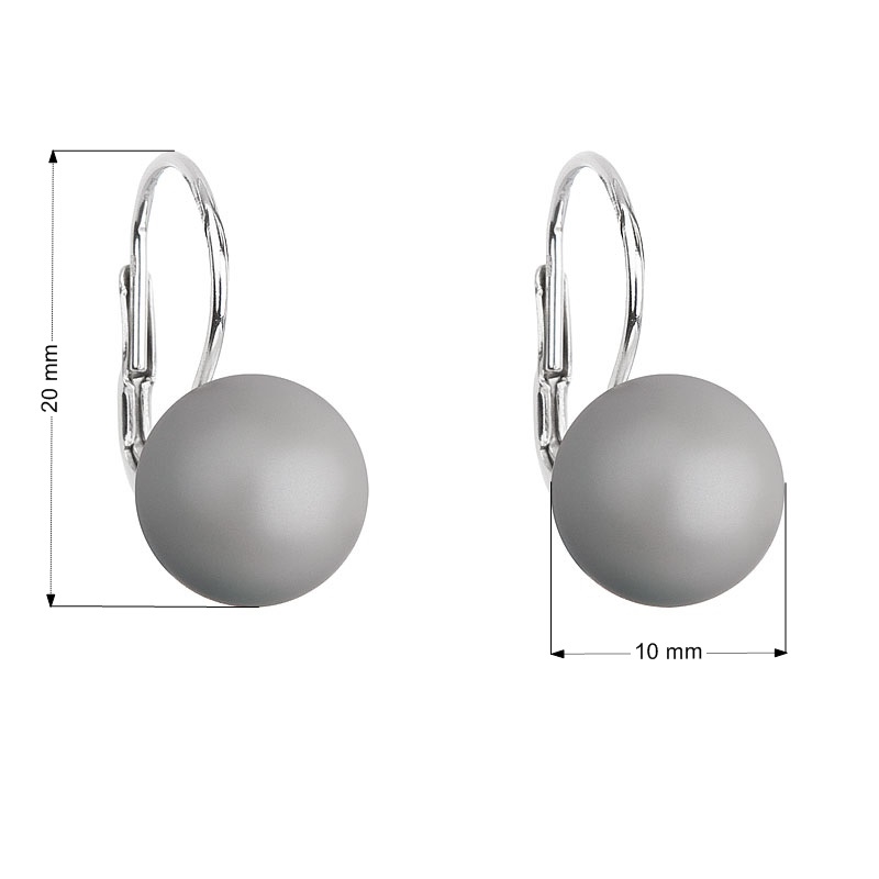 Strieborné náušnice visiace s perlou Swarovski šedé okrúhle pastel grey