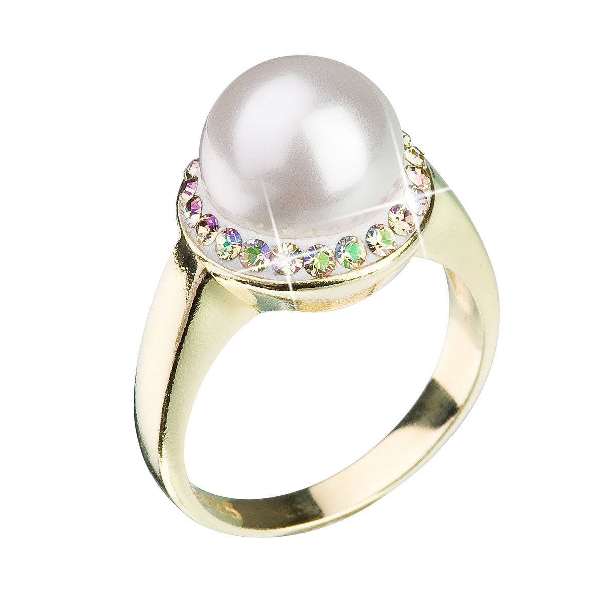 Strieborný prsteň s kryštálmi Swarovski a perlou biely luminous green
