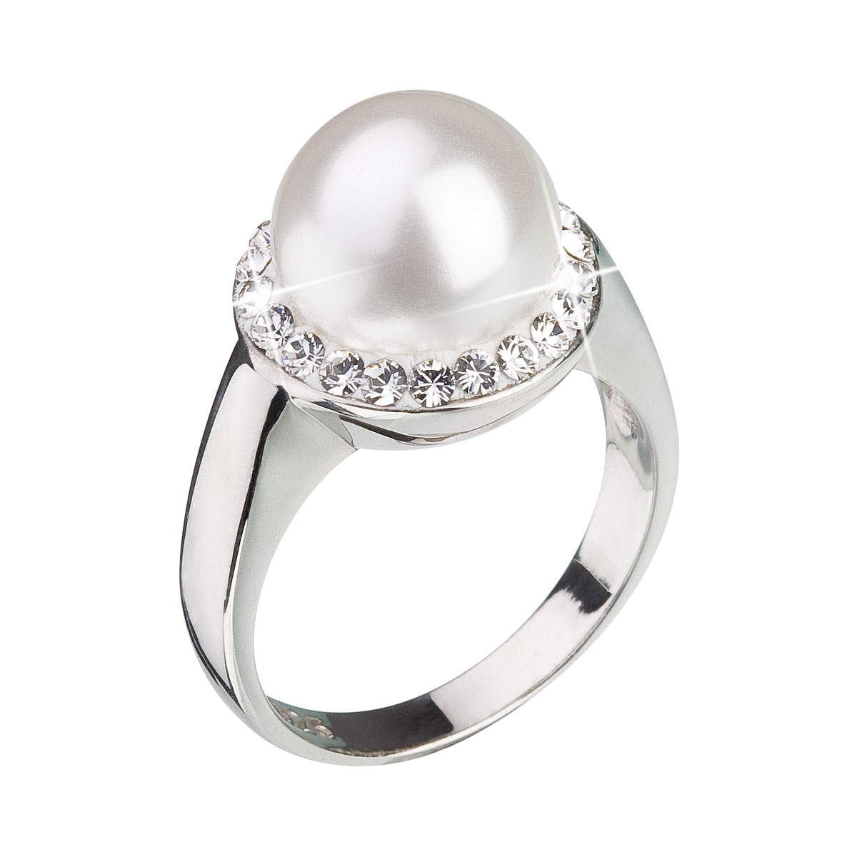 Strieborný prsteň s kryštálmi Swarovski a bielou perlou