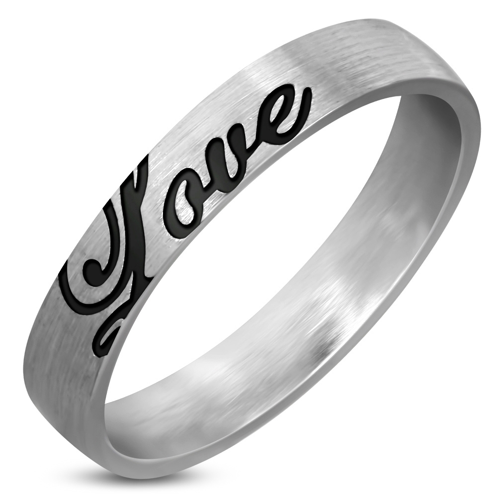 Matný oceľový snubný prsteň Love, šírka 4 mm, veľ. 57