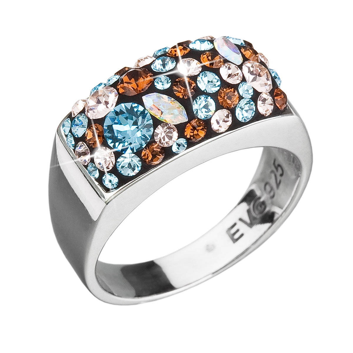 Strieborný hranatý prsteň Crystals from Swarovski ® Brown Aqua
