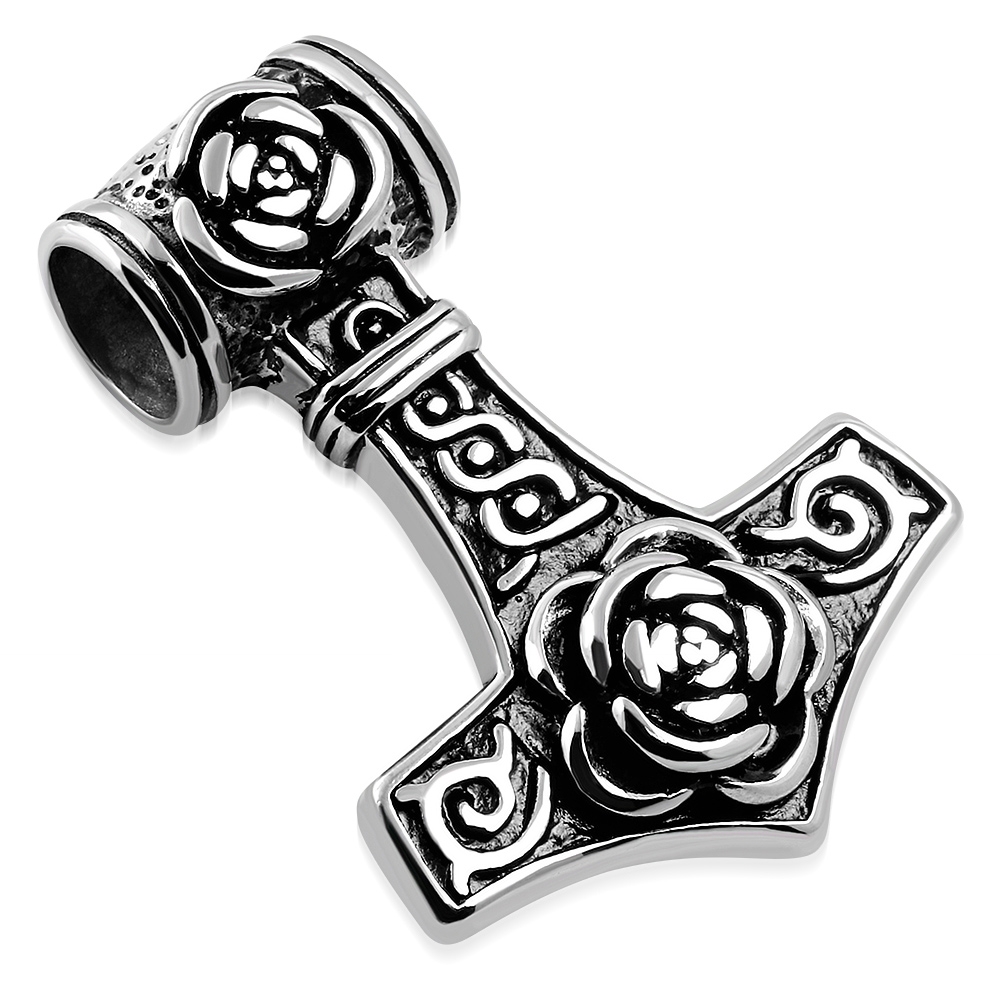 Oceľový prívesok Thórovho kladivo s ružou