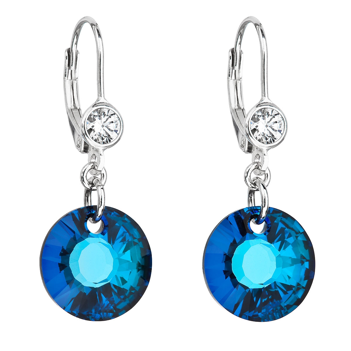 Strieborné náušnice visiace s kamienkami Crystals from Swarovski ® Bermuda Blue