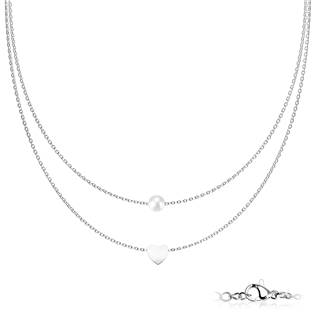 OPD0225-ST Dvojitý ocelový náhrdelník se srdíčkem a perličkou