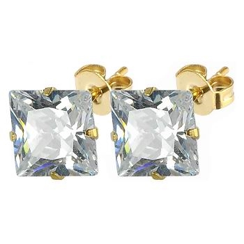 Pozlátené oceľové náušnice - zirkóny 6 x 6 mm