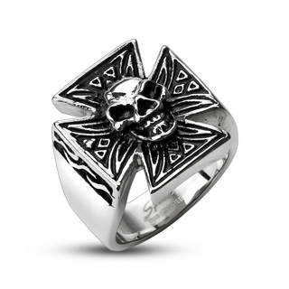 Šperky4U Ocelový prsten - kříž s lebkou OPR1309 - velikost 59 - OPR1309-59