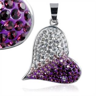Ocelový přívěšek srdce - čiré a fialové krystaly
