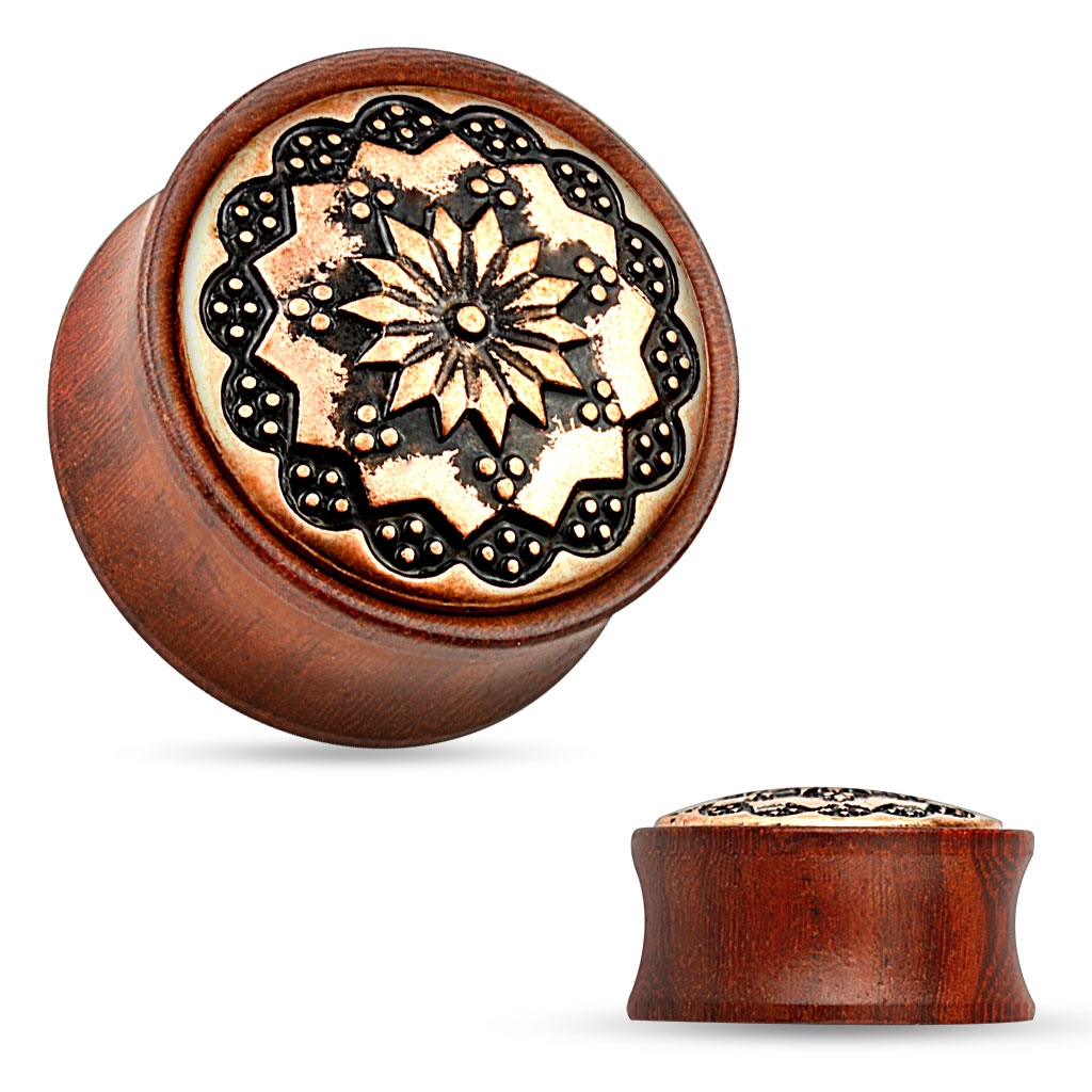 Šperky4U Dřevěný plug do ucha Rose Wood s ornamenty - PL01175-12