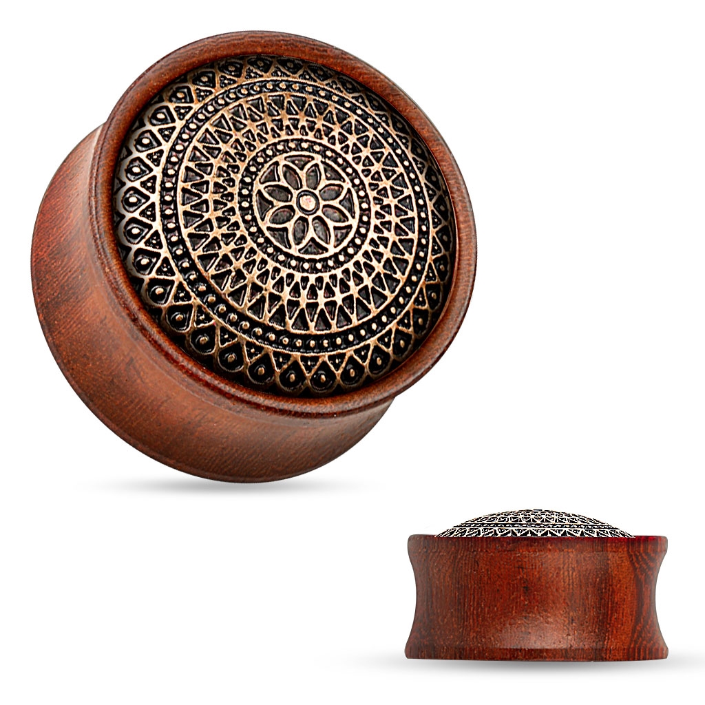 Šperky4U Dřevěný plug do ucha Rose Wood s ornamenty - PL01177-22