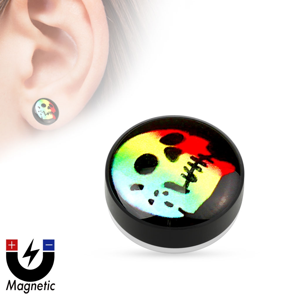 Piercing - magnetický plug do ucha, duhová lebka