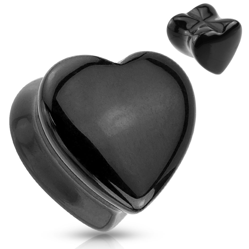Šperky4U Plug do ucha srdce - černý onyx - PL01151-10