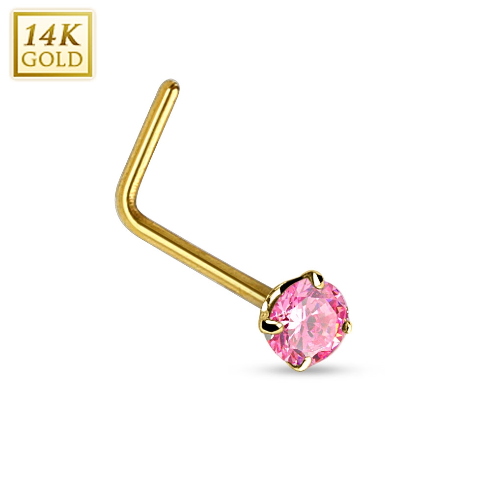 Zlatý piercing do nosa - ružový zirkón, Au 585/1000