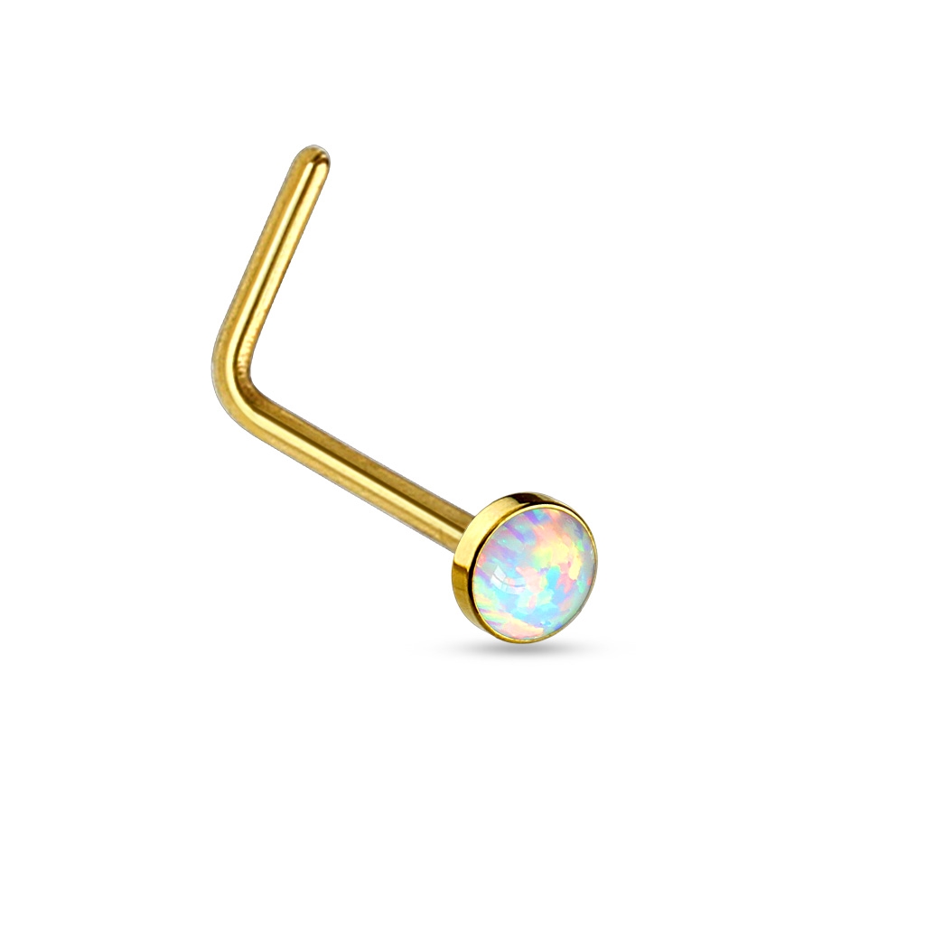 Šperky4U Zlacený zahnutý piercing do nosu - opál - N0013