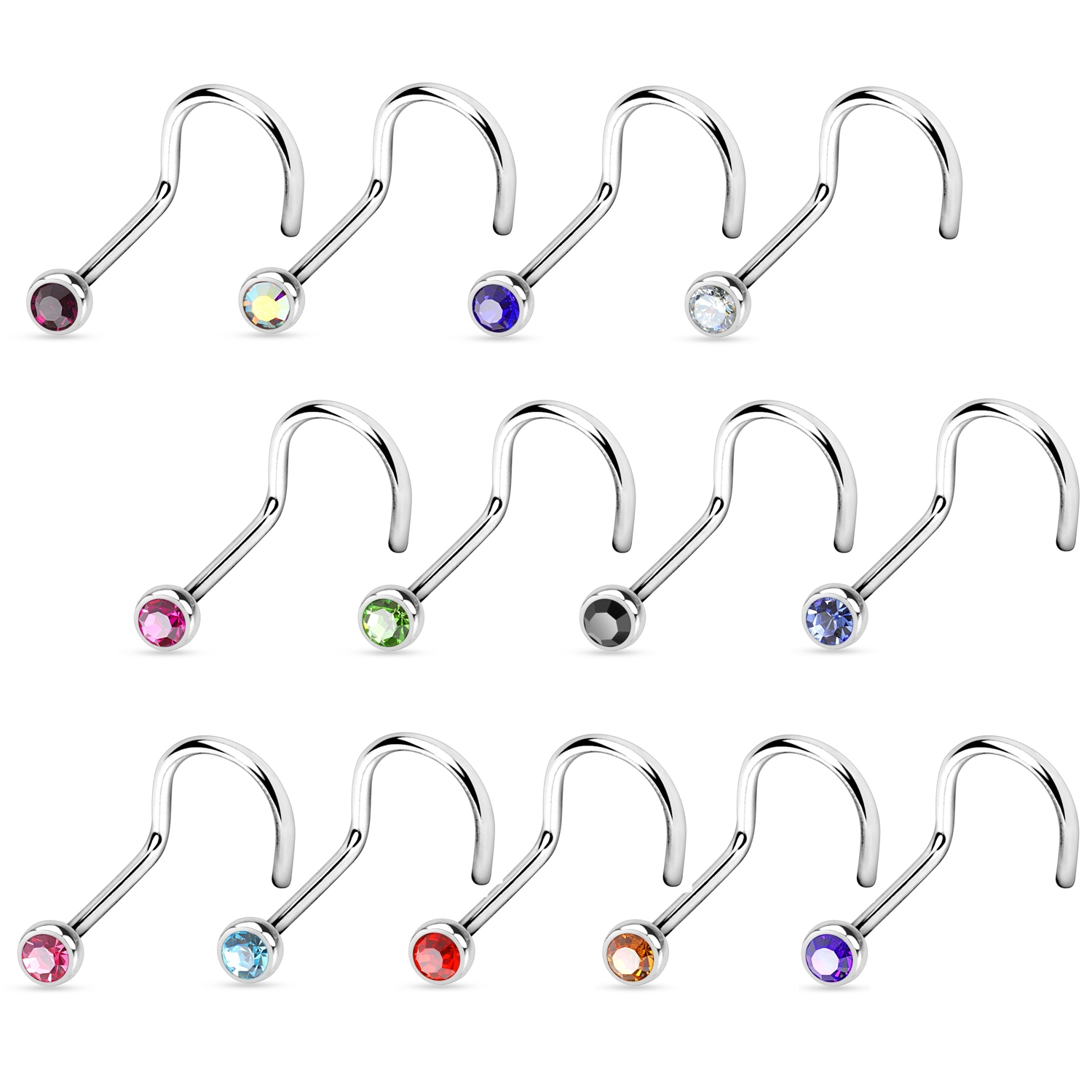Zahnutý piercing do nosa, zirkón 2 mm