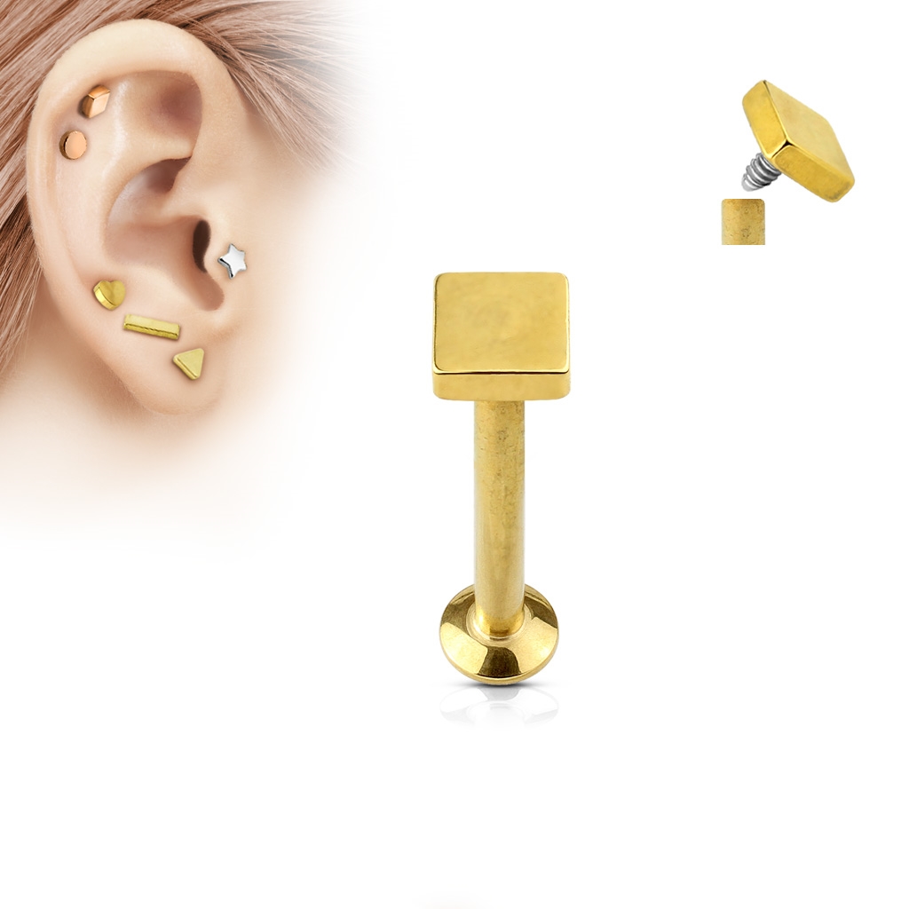 Pozlátený piercing do brady - labreta 1,2 x 6 mm, štvorec