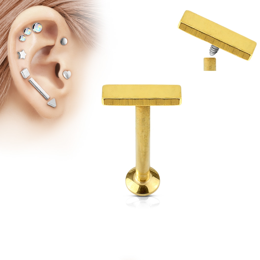 Zlatý piercing do brady - labreta 1,2 x 6 mm, obdĺžnik 2 x 6 mm