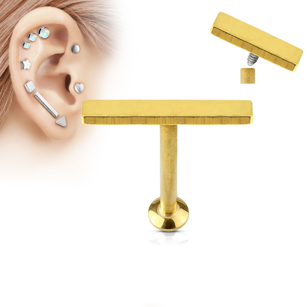 Pozlátený piercing do brady - labreta 1,2 x 6 mm, obdĺžnik 2 x 12 mm