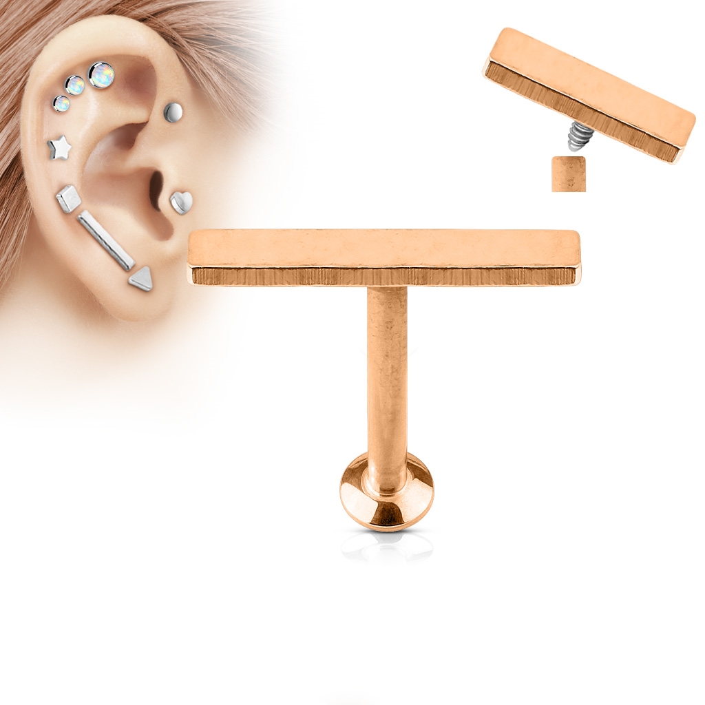 Pozlátený piercing do brady - labreta 1,2 x 6 mm, obdĺžnik 2 x 12 mm