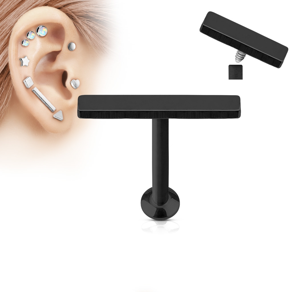 Čierny piercing do brady - labreta 1,2 x 6 mm, obdĺžnik 2 x 12 mm