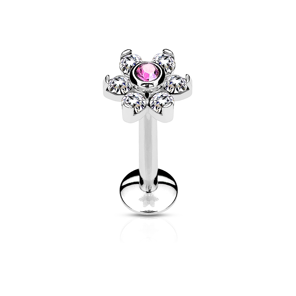 Šperky4U Piercing do brady - labreta kytička, růžový/čiré kamínky - LB1076-1206