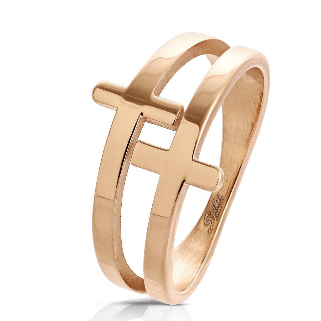 Šperky4U Zlacený ocelový prsten s kříži - velikost 57 - OPR1687-57