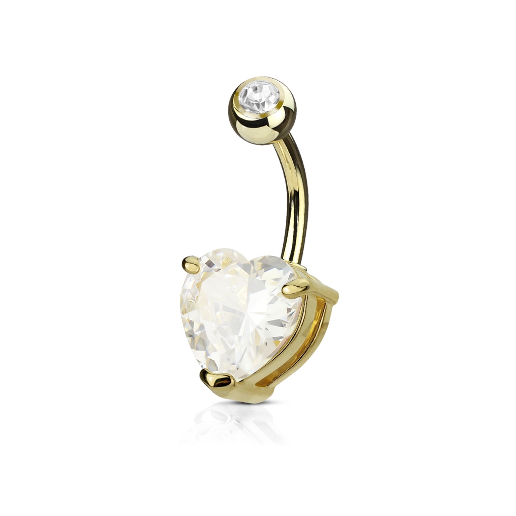 Šperky4U Zlacený piercing do pupíku srdce, čirý kámen 10 mm - WP01043-GDC