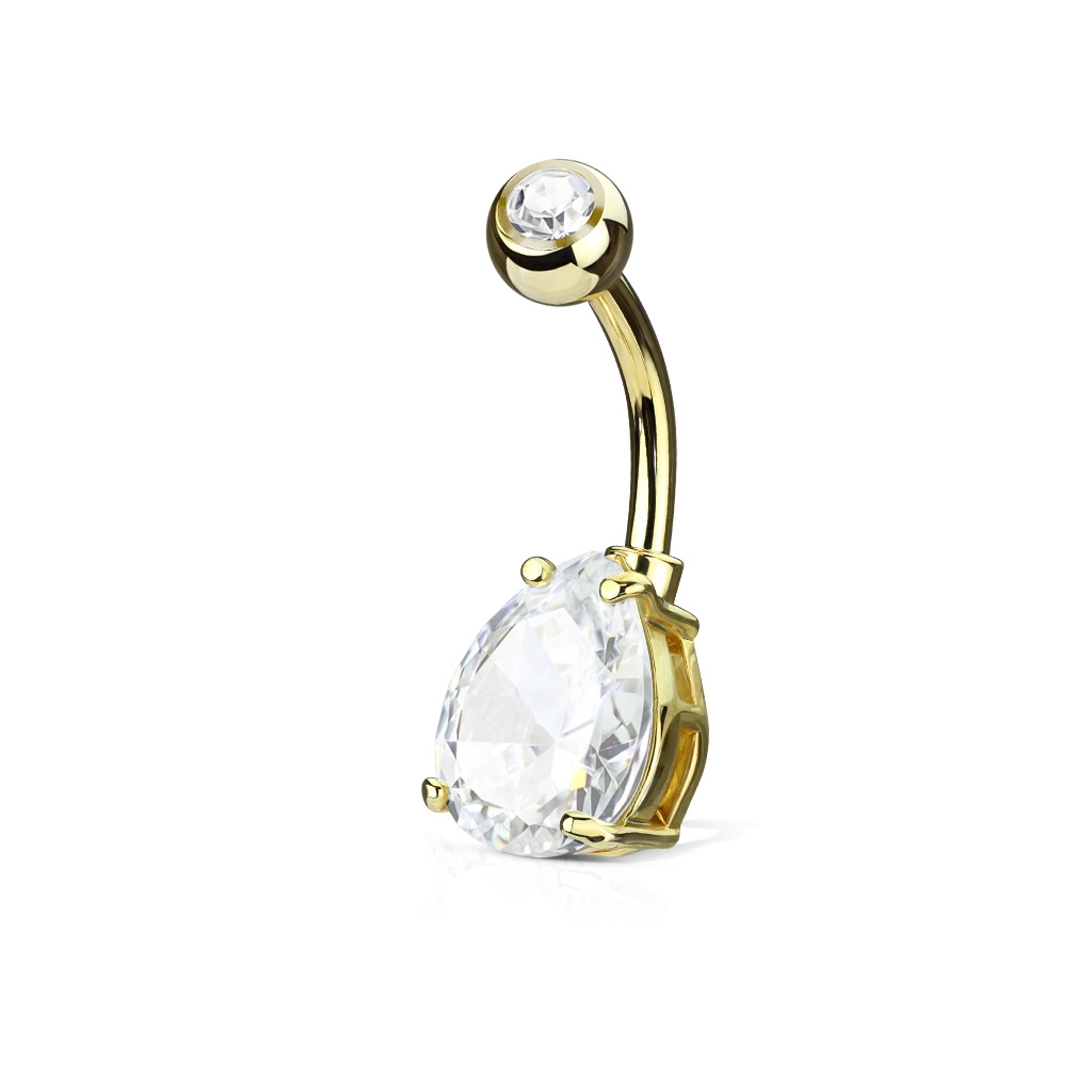 Šperky4U Zlacený piercing do pupíku kapka, čirý kámen 10 mm - WP01048-GDC