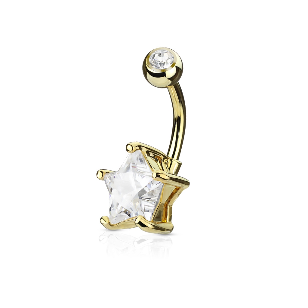 Šperky4U Zlacený piercing do pupíku hvězda, čirý kámen 10 mm - WP01049-GDC