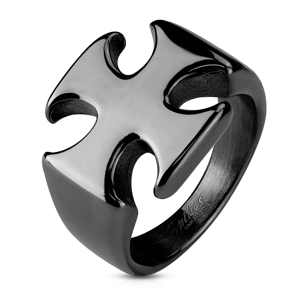 Šperky4U Černý ocelový prsten - maltézský kříž - velikost 64 - OPR1070-K-64