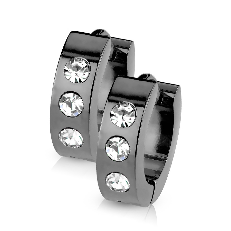 Šperky4U Ocelové náušnice - černé kroužky se zirkony - OPN1214-K