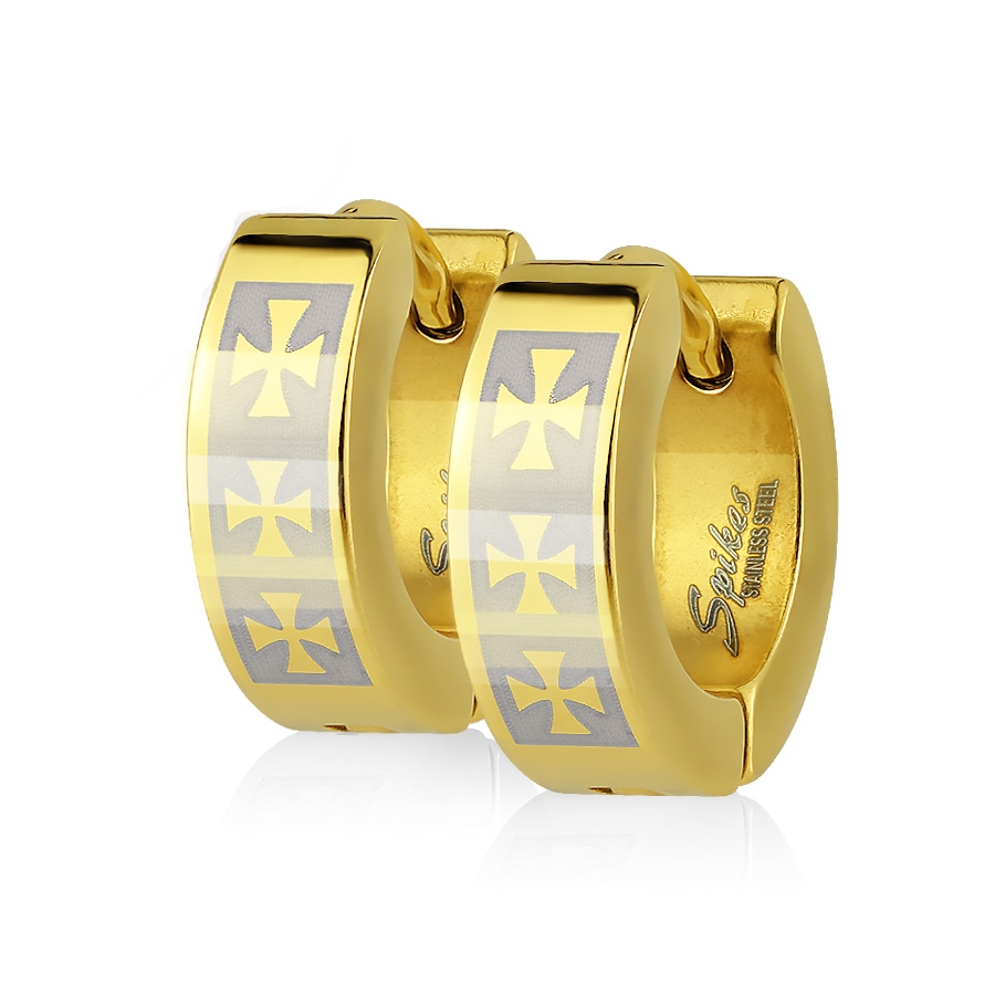 Šperky4U Ocelové náušnice - kroužky s maltézkými kříži - OPN1217-GD
