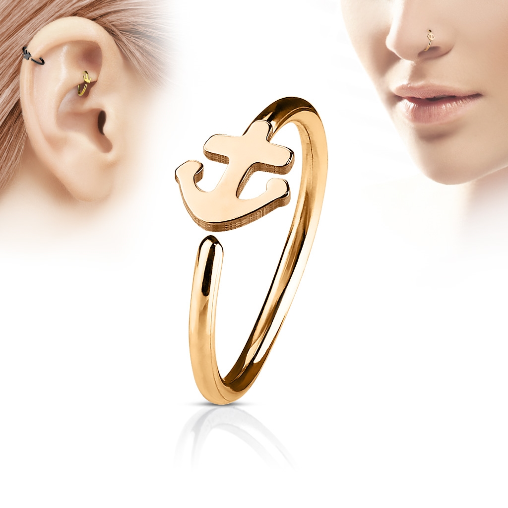Šperky4U Zlacený piercing do nosu/ucha kruh s kotvou - N0052-RD