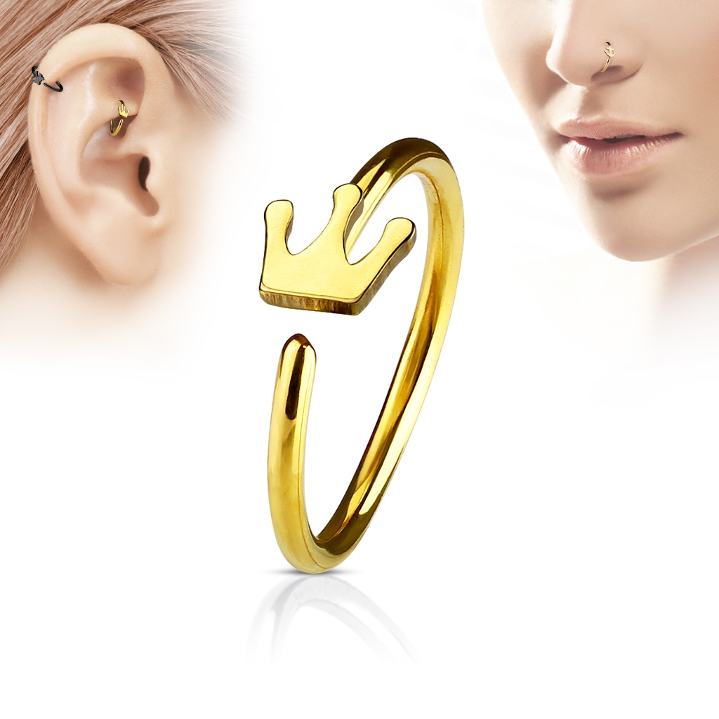 Pozlátený piercing do nosa / ucha kruh s korunkou