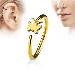 Zlacený piercing do nosu/ucha kruh s motýlkem