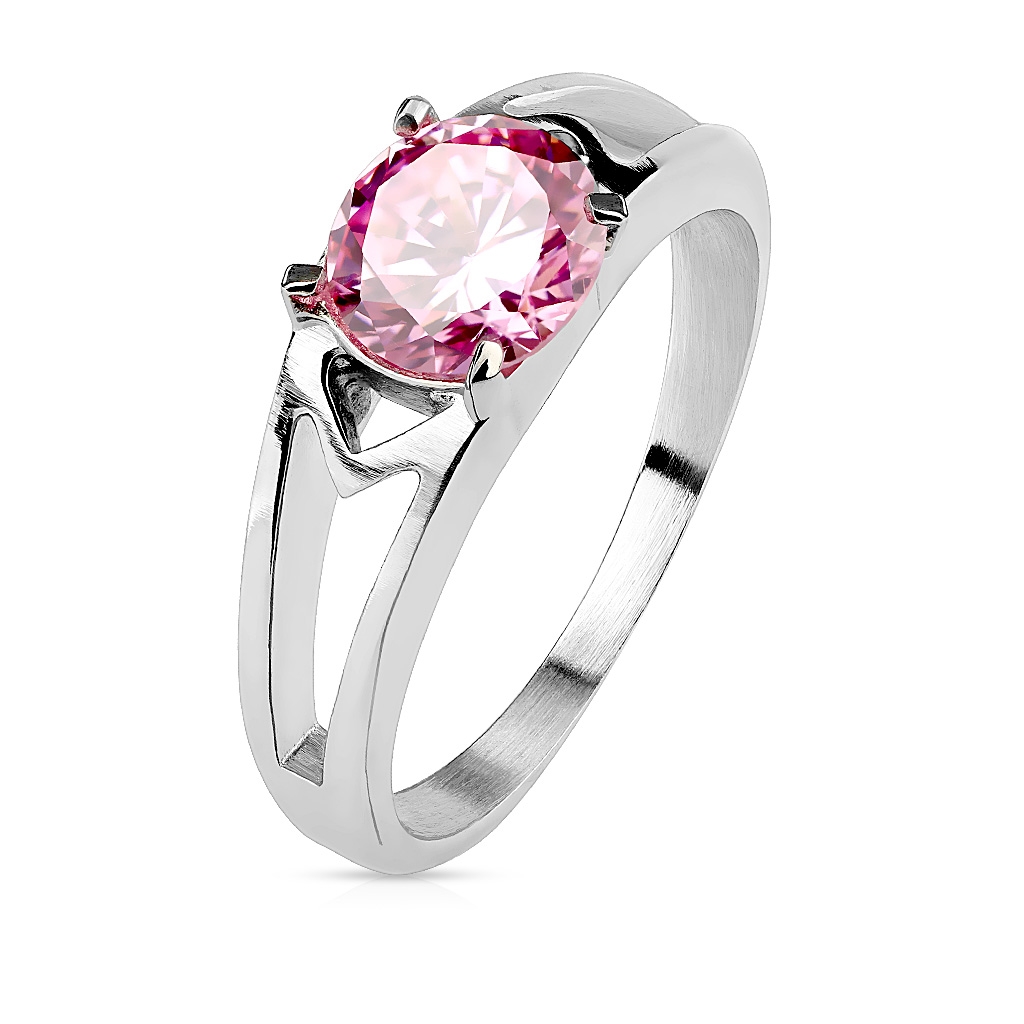 Oceľový prsteň s ružovým zirkónom, veľ. 52