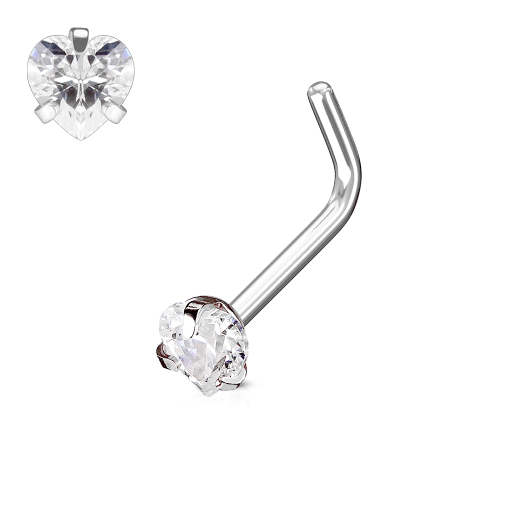 Šperky4U Zahnutý piercing do nosu srdíčko, čirý kamínek - N0068-C