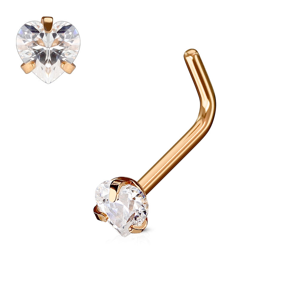 Šperky4U Zlacený piercing do nosu srdíčko, čirý kamínek - N0068-RDC