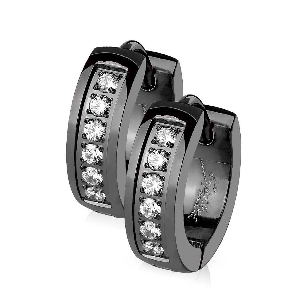 Šperky4U Černé ocelové náušnice - kroužky se zirkony - OPN1154-K