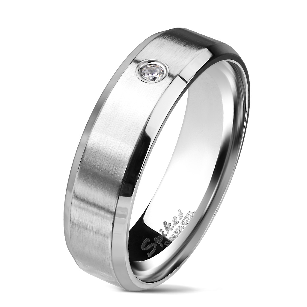 Šperky4U Matný ocelový prsten se zirkonem - velikost 49 - OPR1726-49